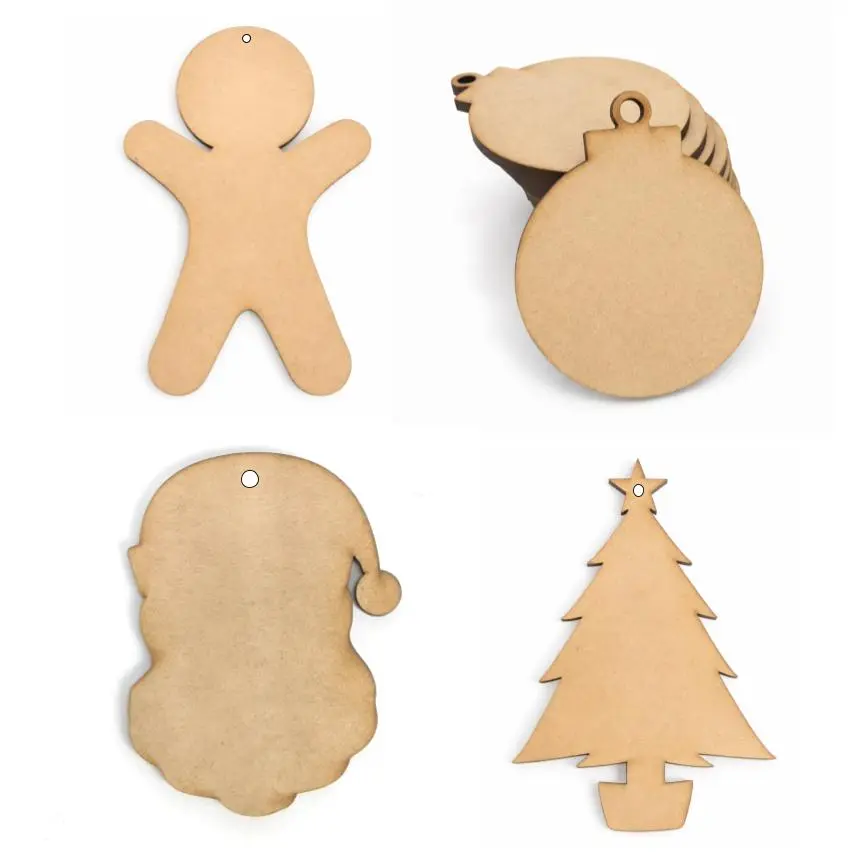 Forma Navidad Corte 8cm en Mdf 3mm Crudo Pack x10 Con Y Sin Agujero
